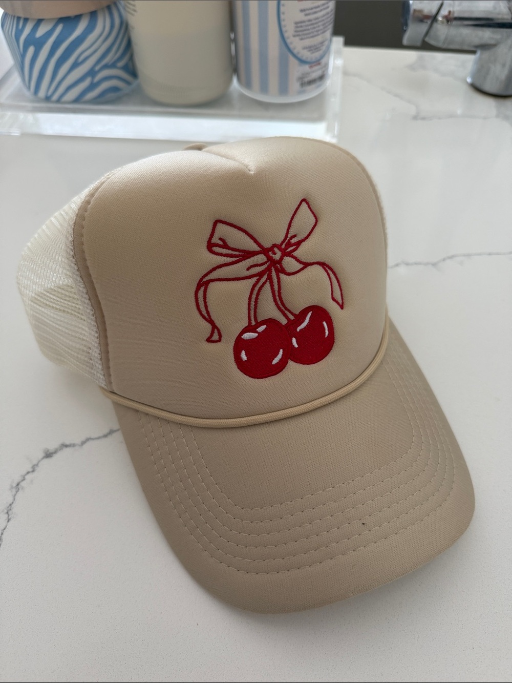 Beige Trucker Hat with Red Cherry Embroidery